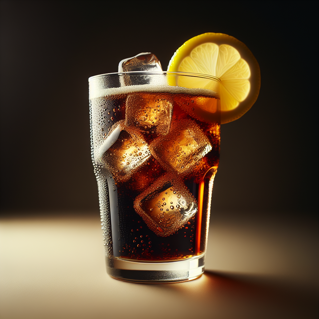 Refreshing cola in a glass with ice